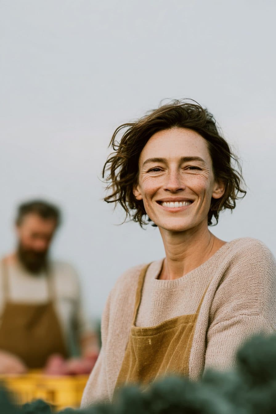 A person in a hat and a light shirt smiling in a green field, one hand on a wooden post.