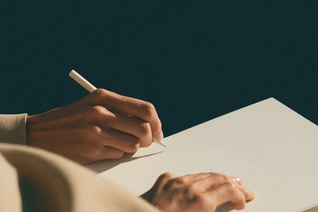 Close view of a person's hands writing on a blank page against a deep teal background.