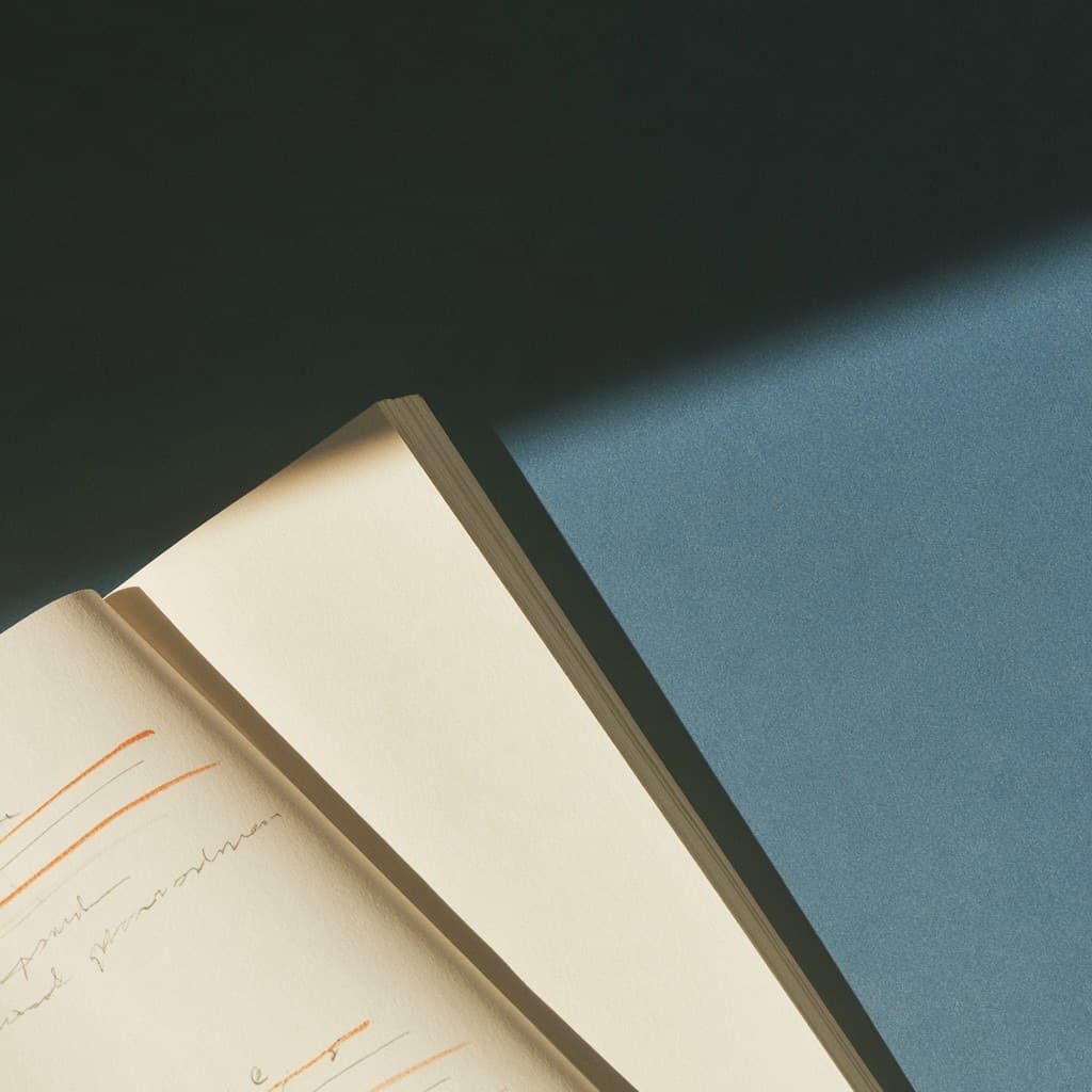 An open notebook with handwritten lines and orange marks in the margin, resting on a blue surface.