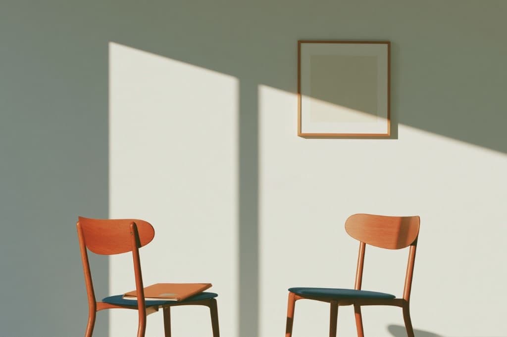 Two wooden chairs turned toward each other in an empty sunlit room, a folder resting on one seat.