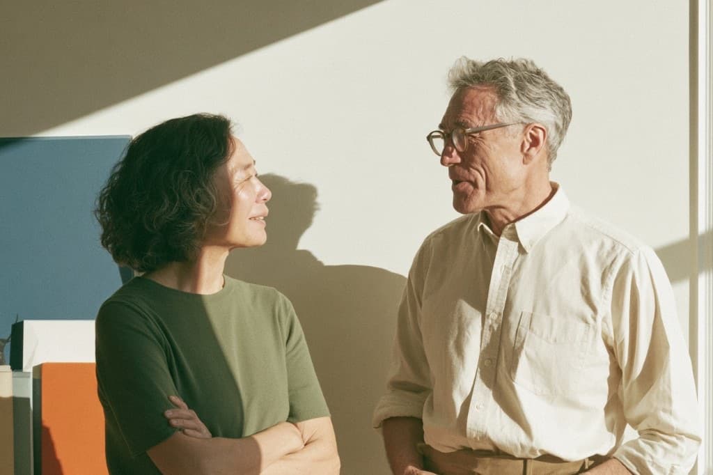 Two people standing against a sunlit wall, turned toward each other in conversation.