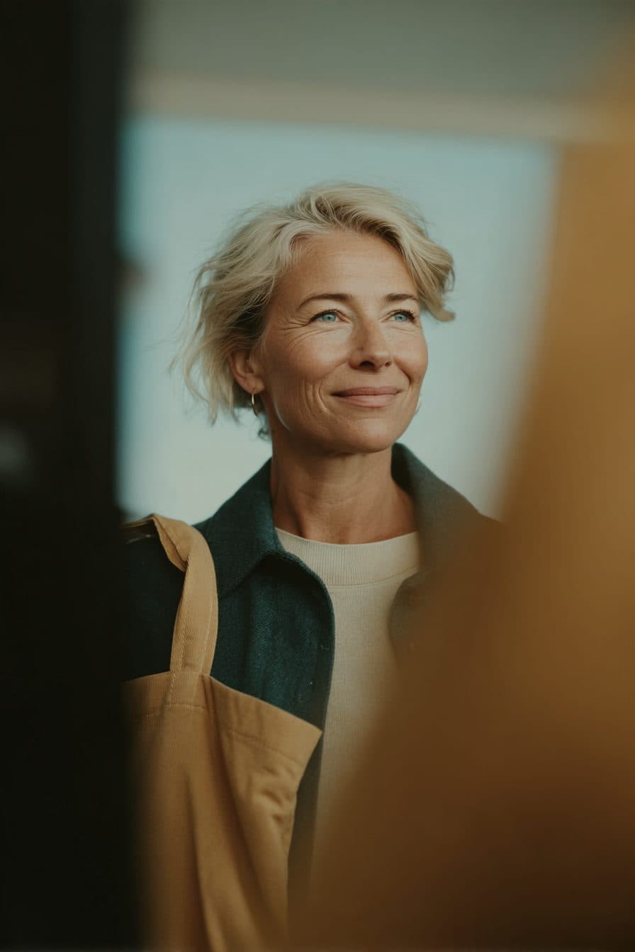 A woman in a light sweater smiling beside a sunlit window.